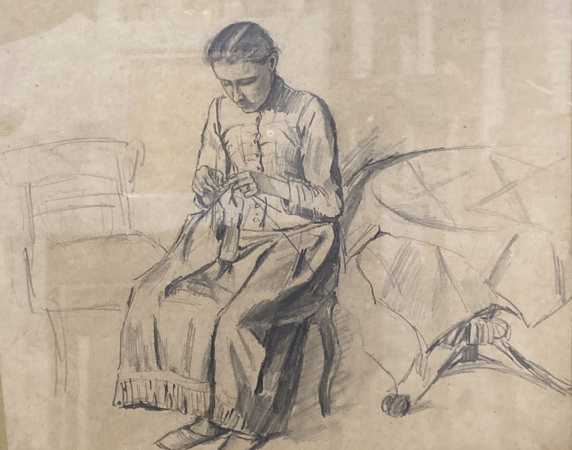 Ernest Weber (German, 1863-1959), pencil drawing, Knitting a sock, 22 x 25cm with three sketches by other hands